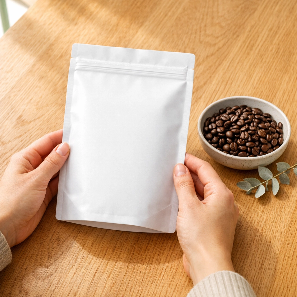 Hands placing a white label coffee bag on a wooden table, representing brand equity in coffee dropshipping.