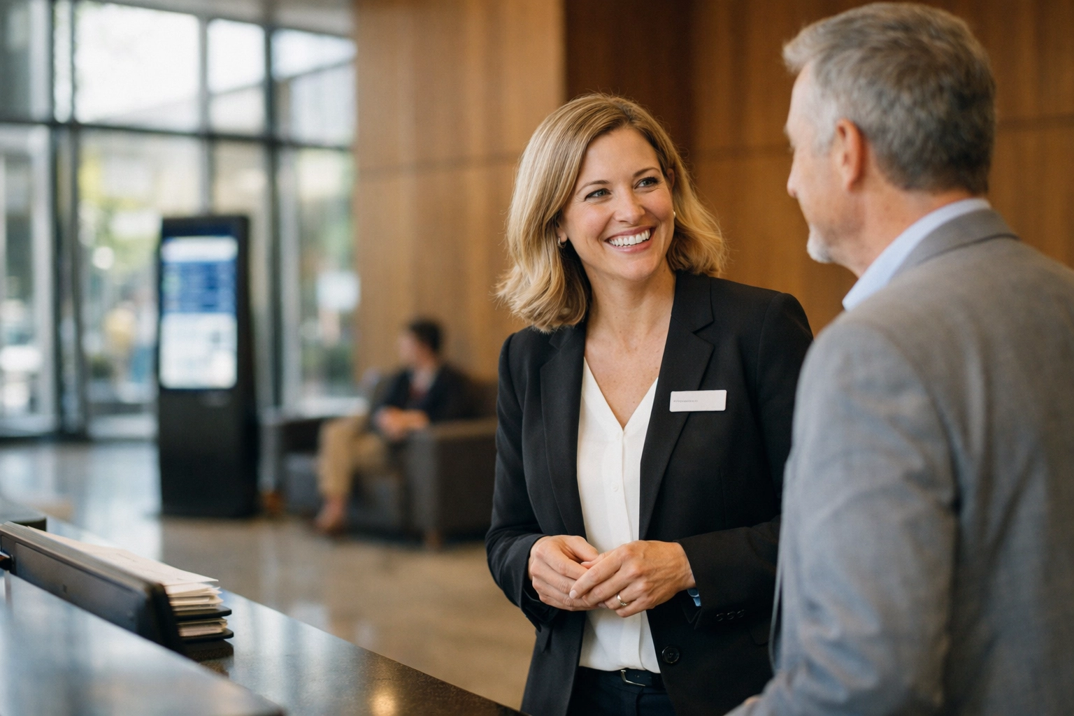 A professional engaging in a warm conversation with a visitor, highlighting human presence over technology.