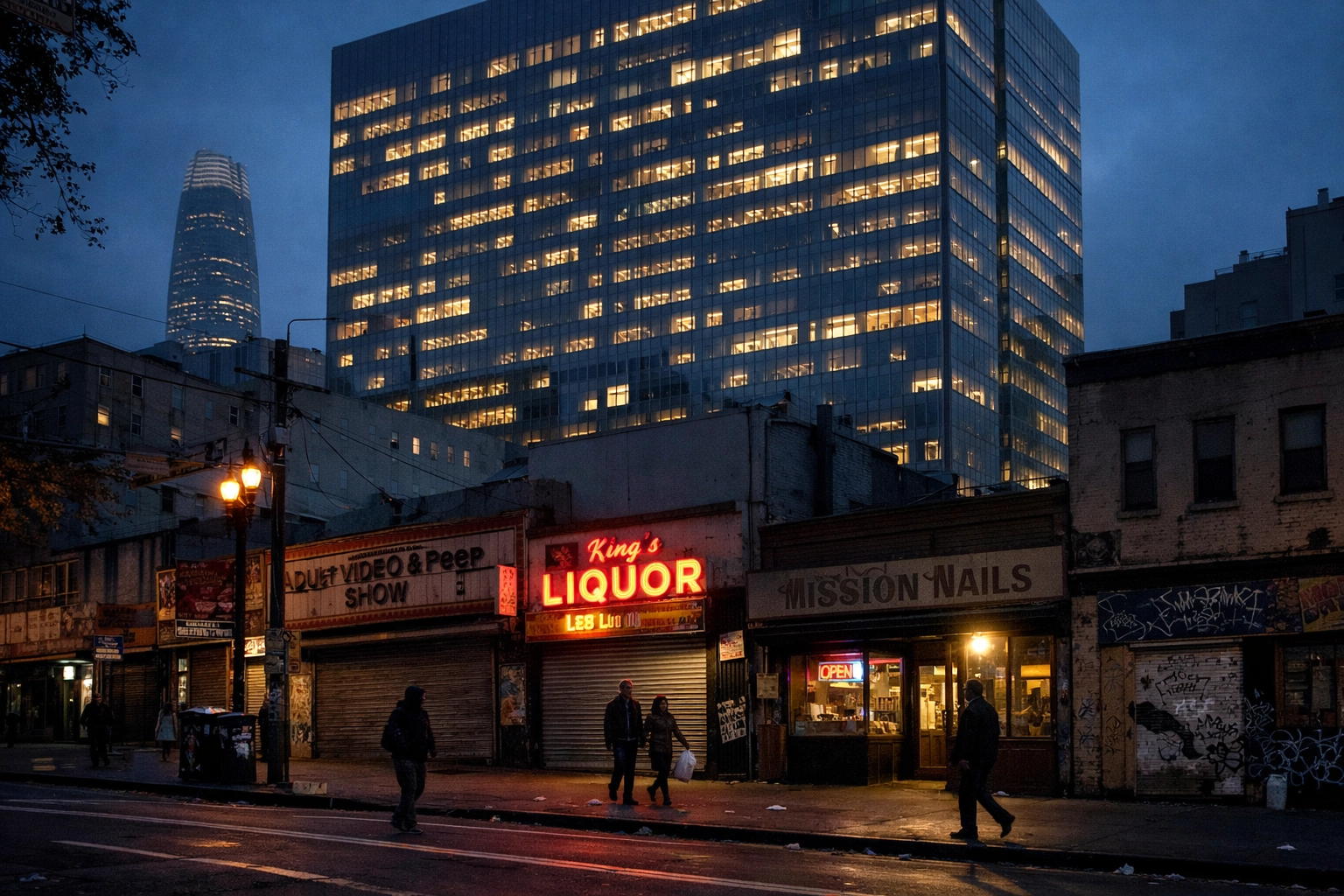 San Francisco Mid-Market district showing struggling restaurant storefronts after tech exodus
