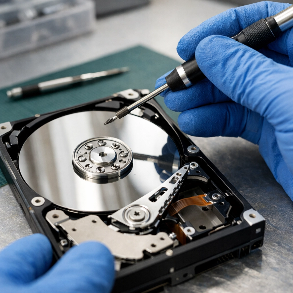 Professional technician disassembling a hard drive for secure data destruction and recycling.