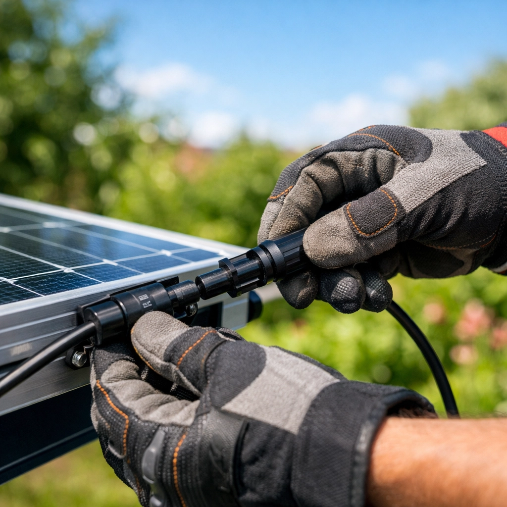 Close-up of a professional technician installing solar panels for a Bournemouth homeowner.