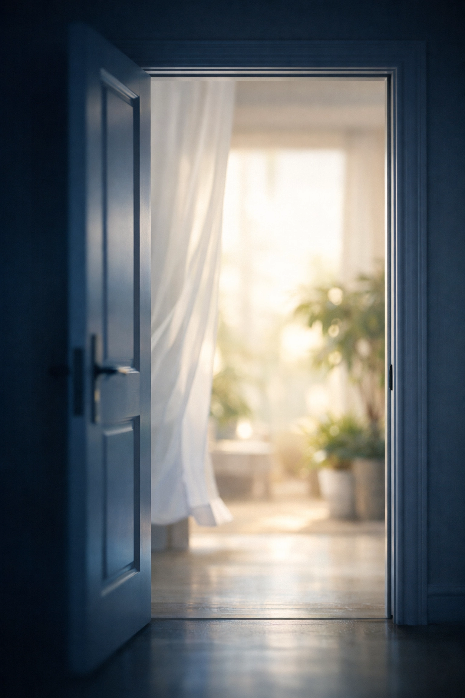 Doorway opening to light symbolizing mental health transformation and therapy journey