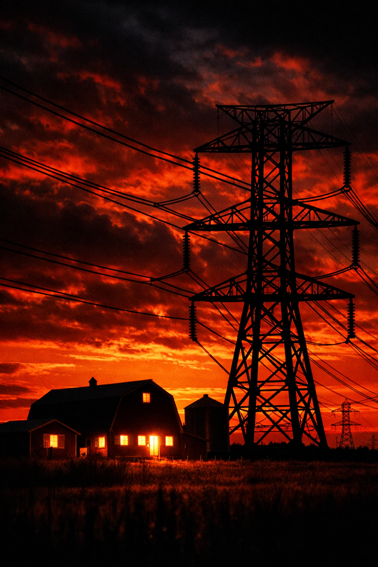 SaskPower transmission tower and power lines over Saskatchewan farmland