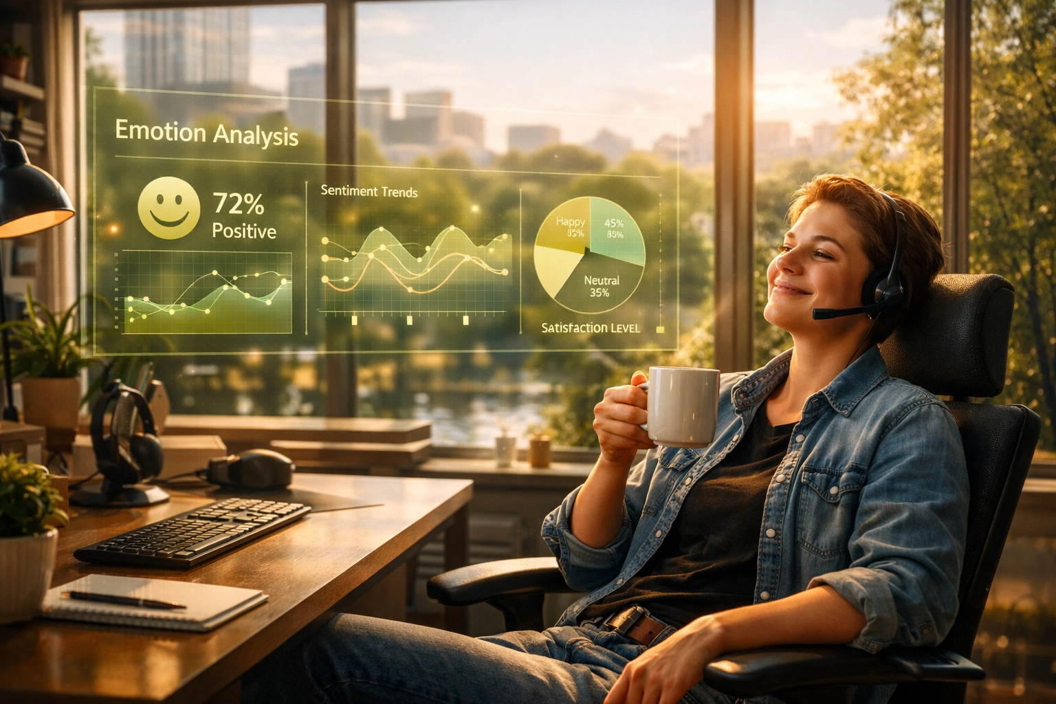 A support professional using AI sentiment analysis to manage customer satisfaction in a calm office