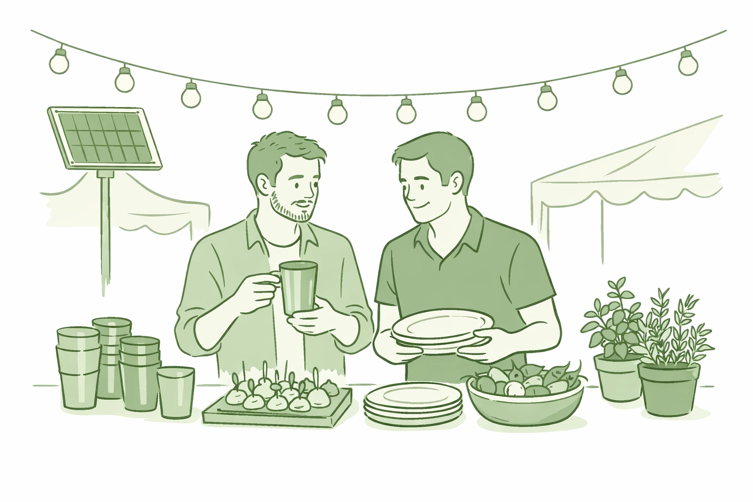 Gay couple planning sustainable party with eco-friendly supplies and compostable materials