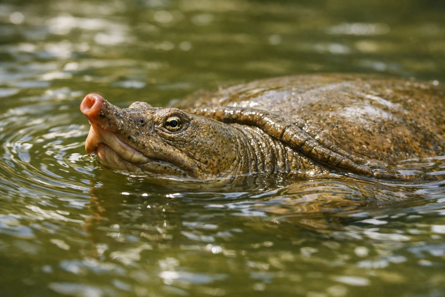 Swinhoe softshell turtle surfacing in lake, one of world's rarest species