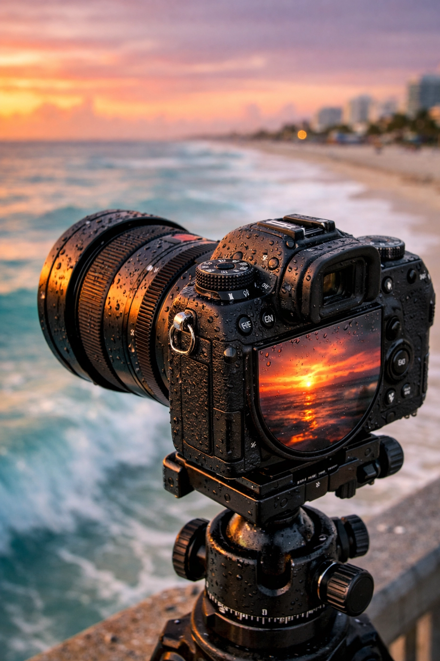 Professional photography gear setup for a sunrise commercial shoot at a South Beach pier in Miami.