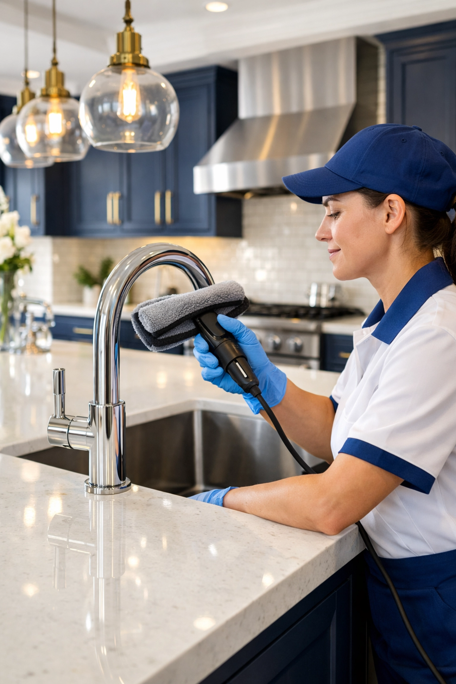 Professional cleaner polishing a modern kitchen faucet for high-quality cleaning services near me.