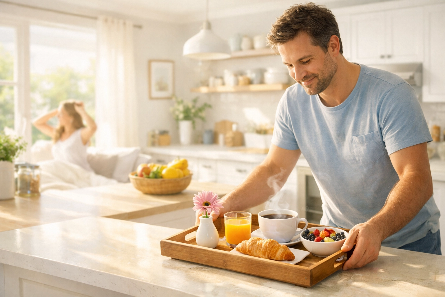 Husband preparing a breakfast tray for his wife, representing small acts of service in a Christian home.