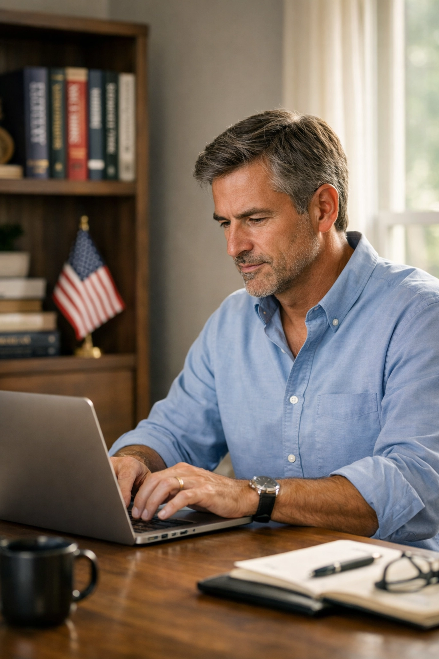 CEO Dan Kost writing his daily letter on civic leadership and American history at a sunlit desk.