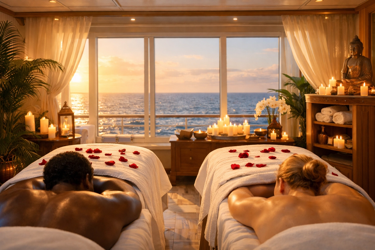 Luxurious couples spa treatment room on lifestyle cruise with ocean views