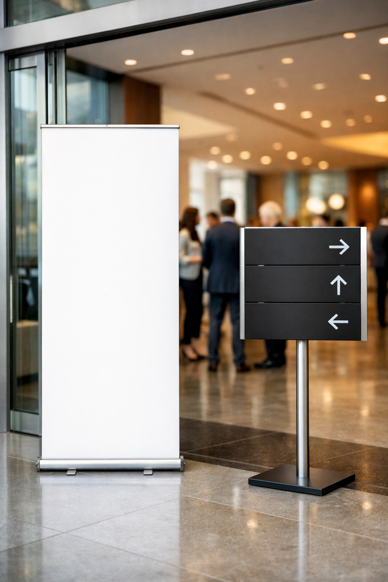 Sleek physical signage and pull-up banners in a corporate lobby highlighting versatile brand media assets.