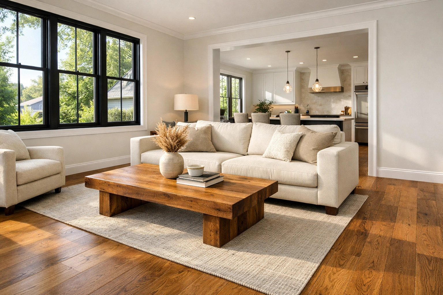 Modern Central Ohio home interior with quality oak flooring and sunlight from energy-efficient windows.