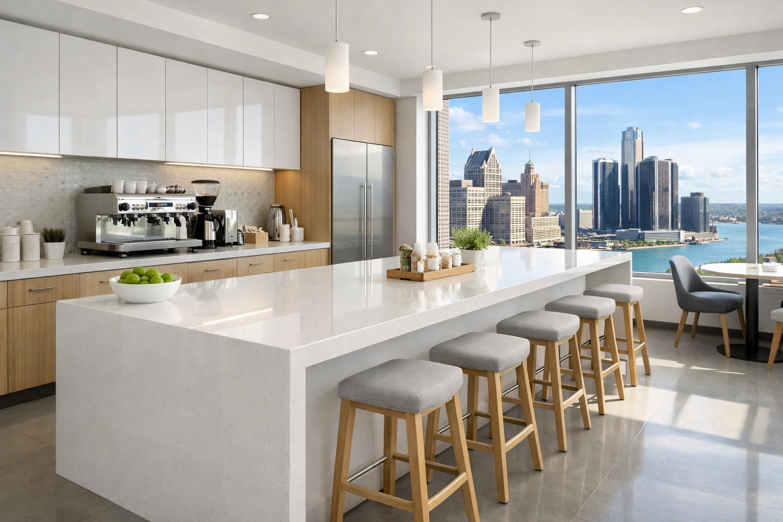 Spotless corporate breakroom in a Detroit high-rise demonstrating high-quality office maintenance.