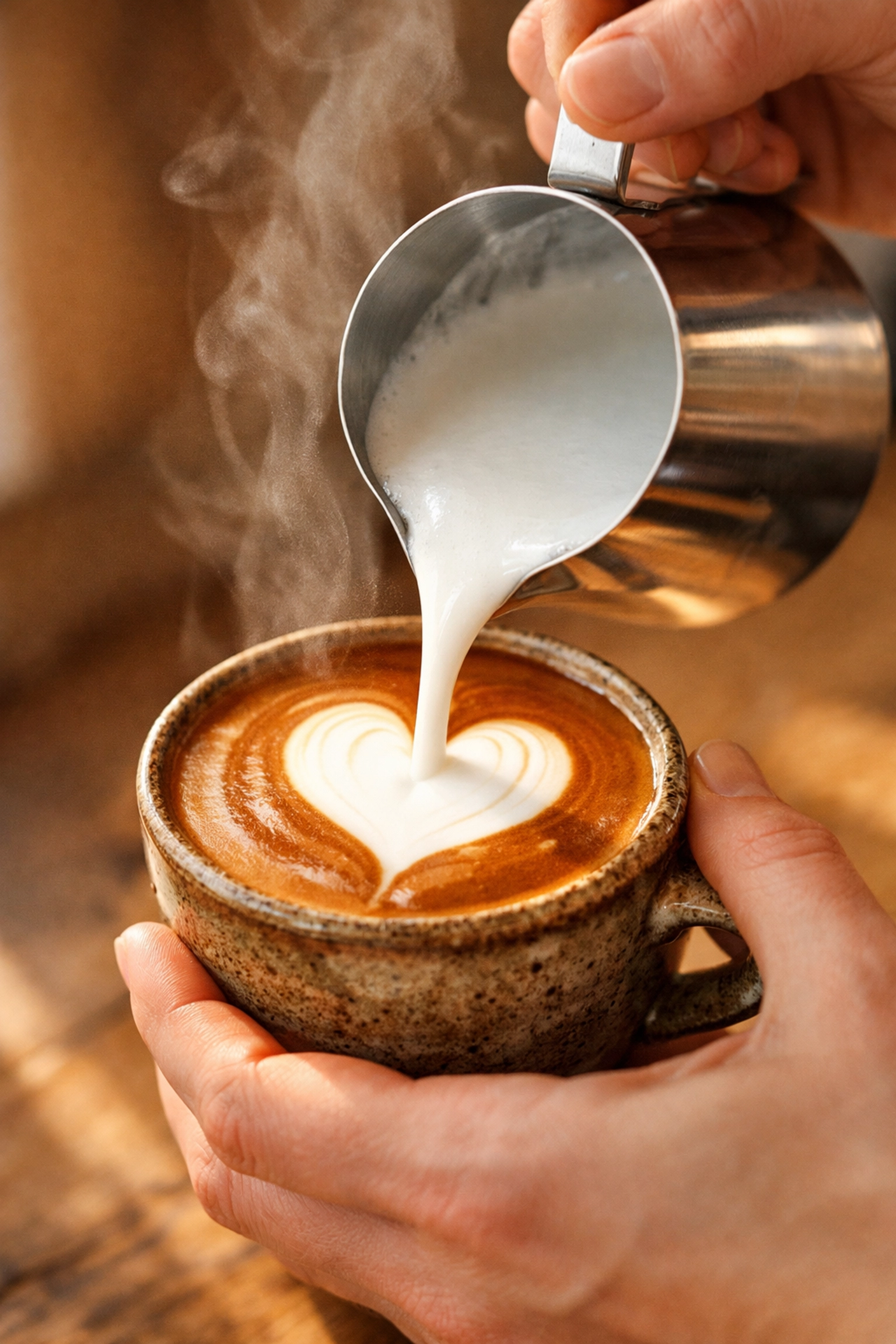 Barista pouring silky micro-foamed milk into a ceramic cup to create latte art with perfect texture.