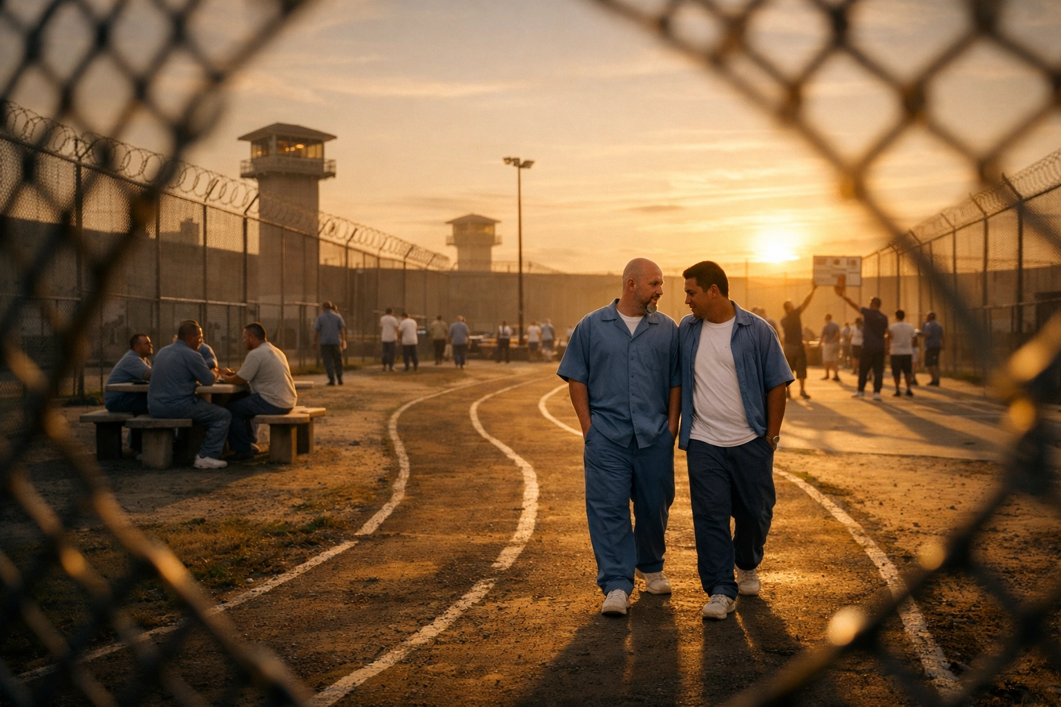 LGBTQ+ inmates gathering in prison recreation yard building trust and community