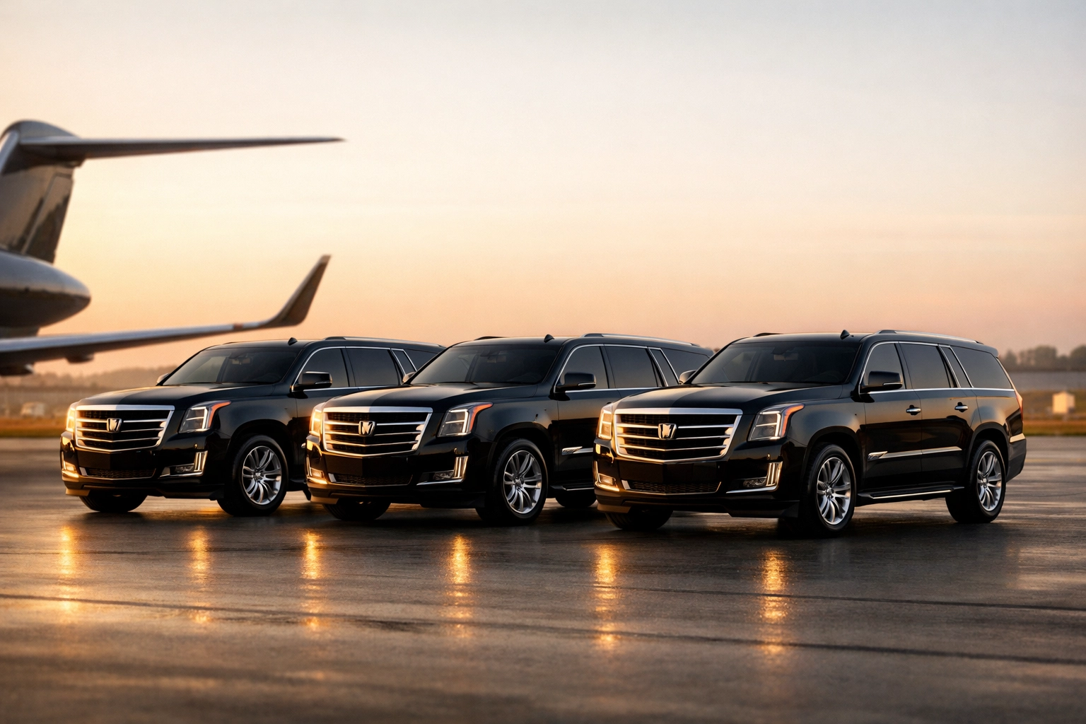 Fleet of luxury black SUVs for secure executive transportation on a private airfield.