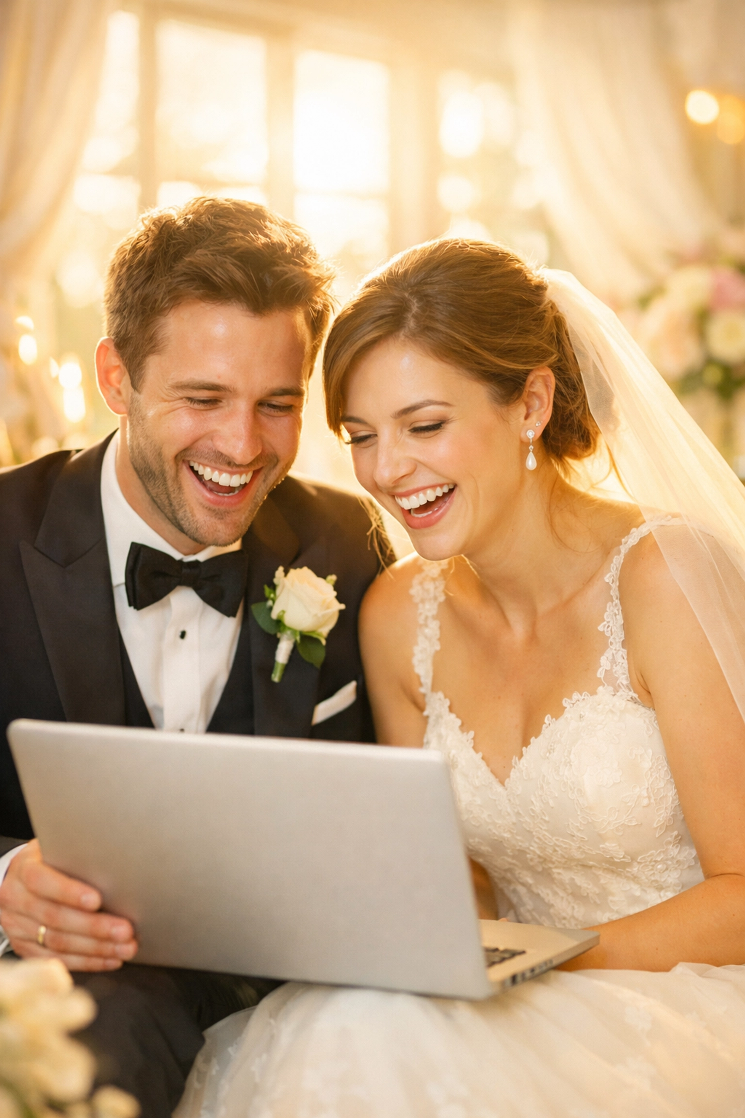 Happy bride and groom reviewing wedding plans on tablet after avoiding wedding debt