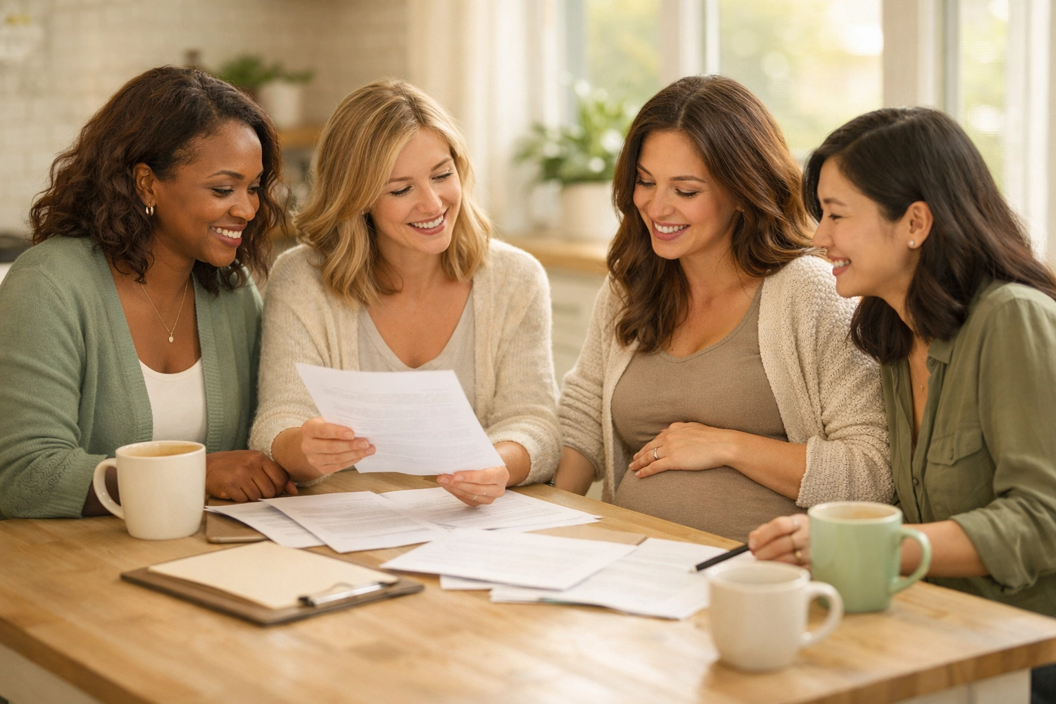 Women discussing Colorado surrogate compensation details over documents