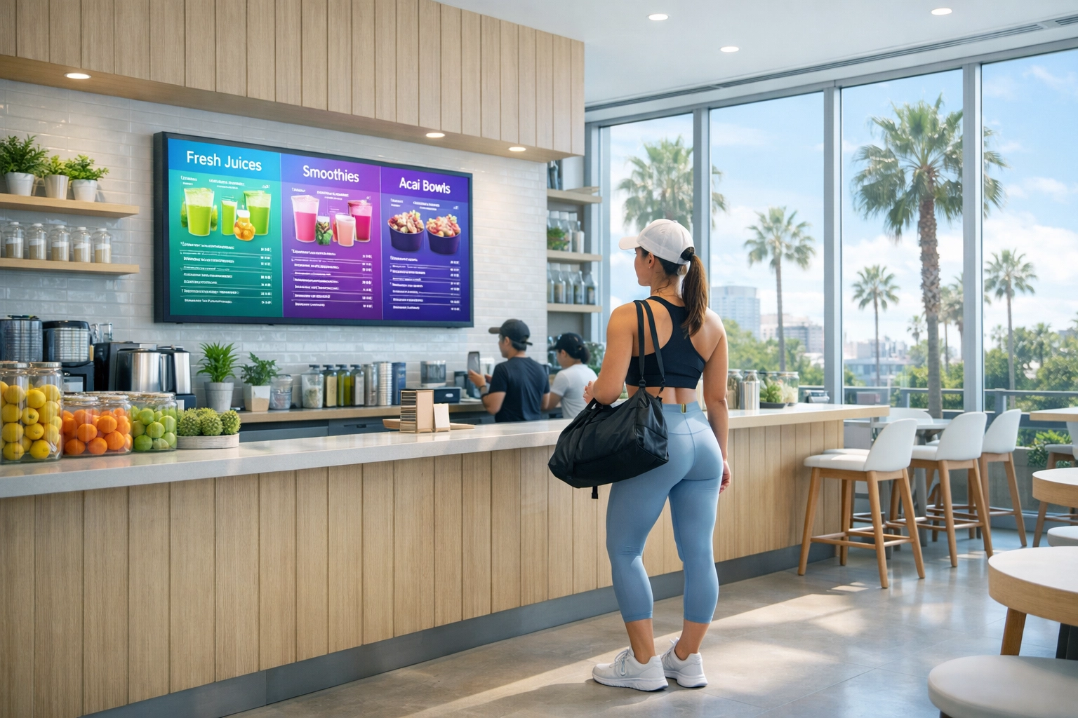 Digital advertising screen inside an LA juice bar showcasing venue targeting in daily routines.