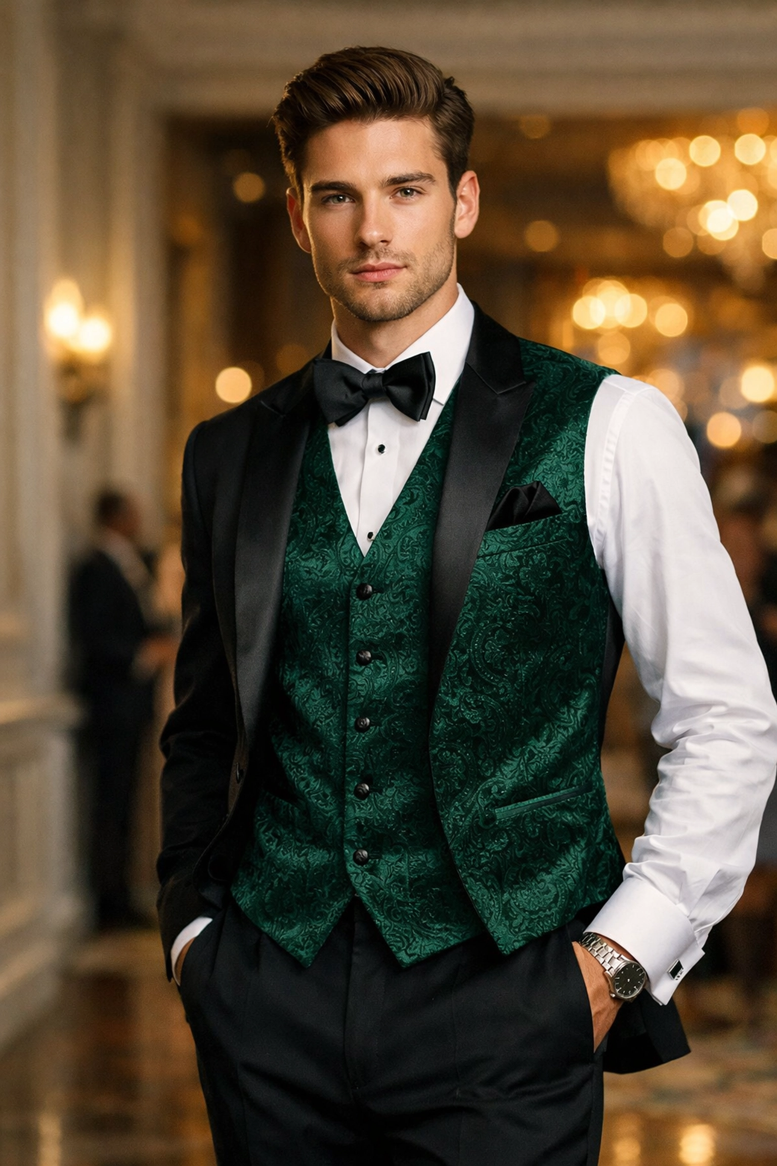 Emerald green embossed velvet novelty vest for mens worn at a prom event.