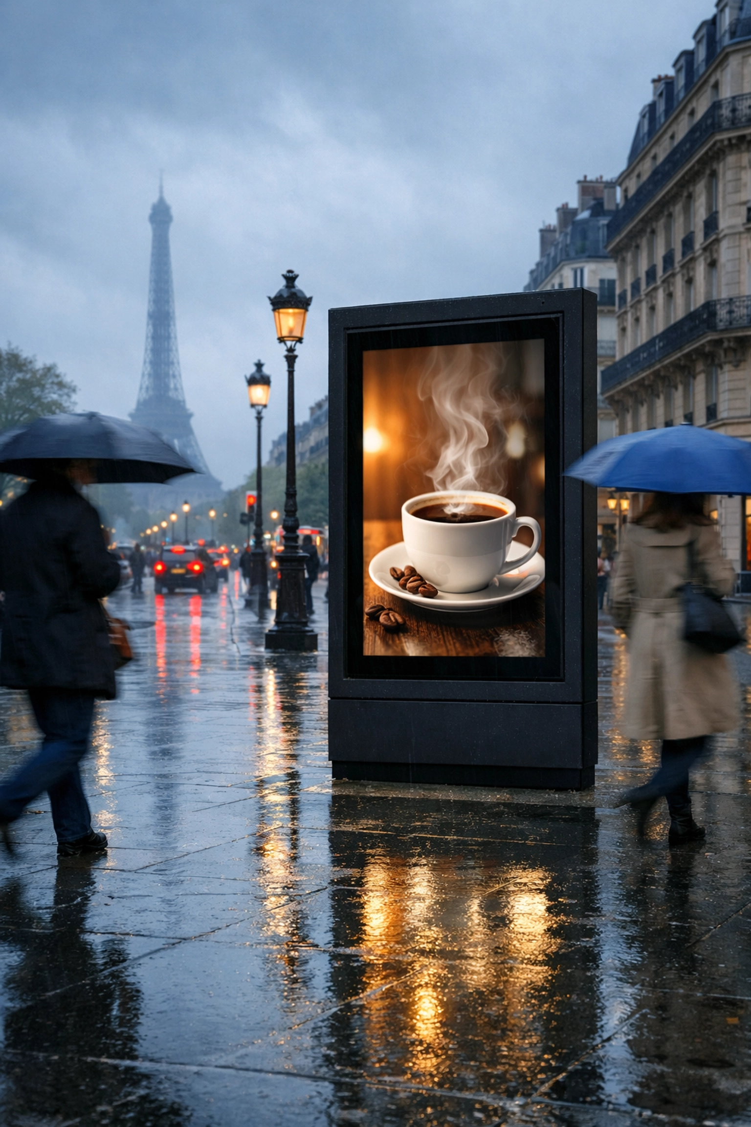 Digital outdoor kiosk in Paris displaying a weather-triggered coffee ad during a rainy afternoon.