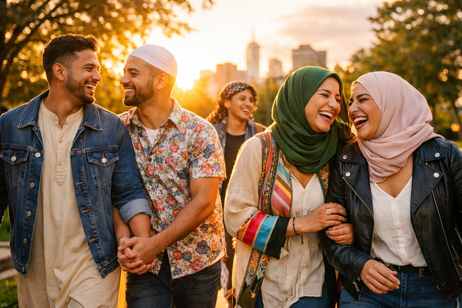 A joyful group of queer Muslim friends laughing together in a park, celebrating community and LGBTQ pride.