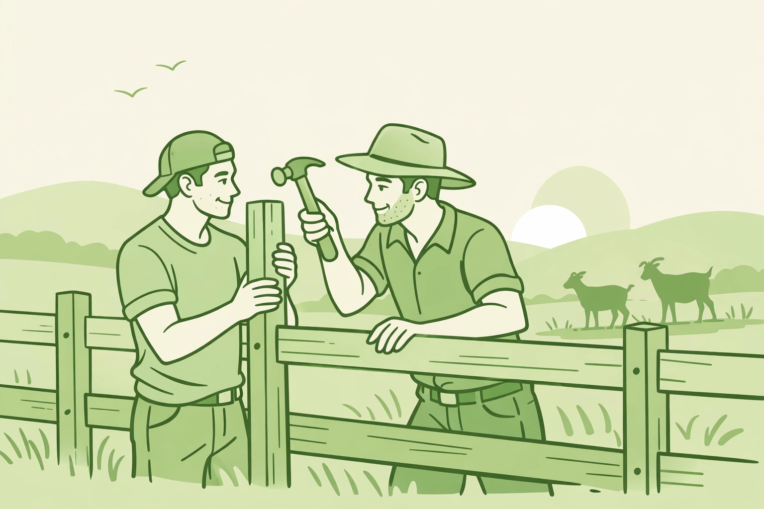 Two men building fence together at goat farm, rural gay community teamwork and shared purpose