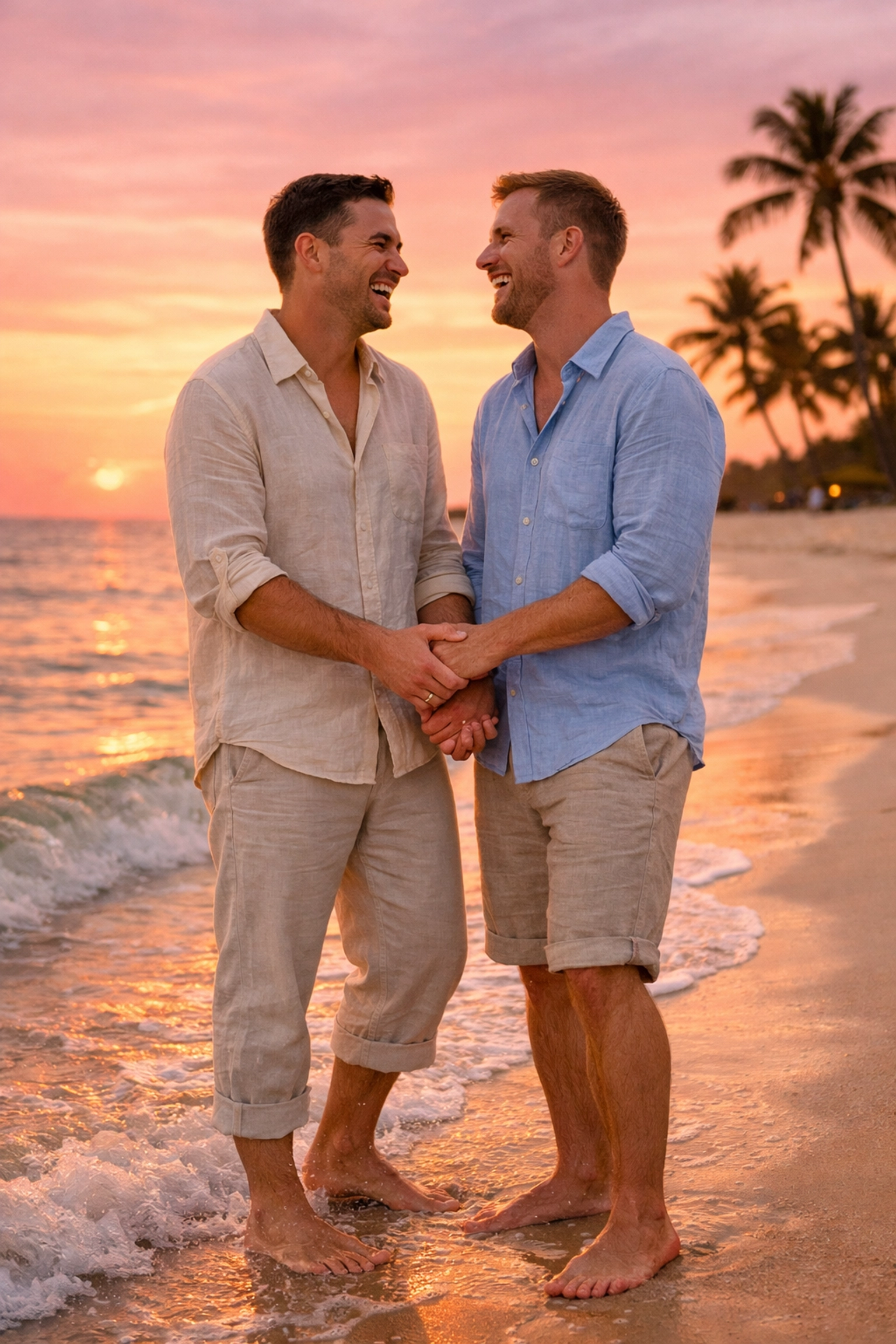 Two grooms holding hands on Key West beach at sunset during their gay wedding celebration