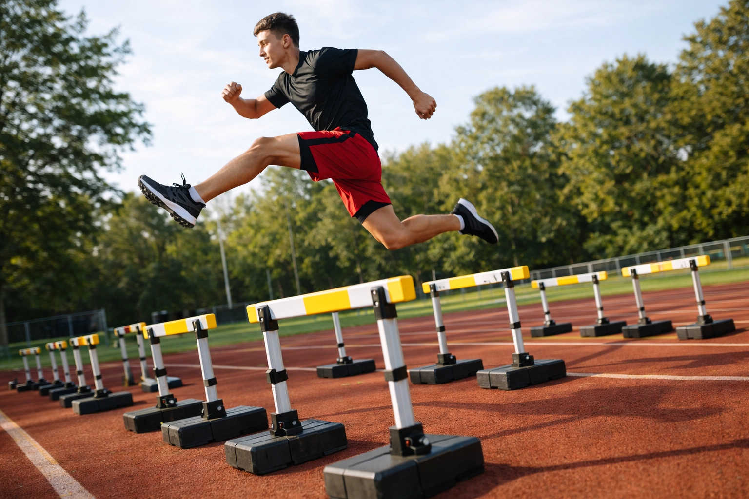Youth athlete clearing adjustable training hurdles on outdoor track with proper form