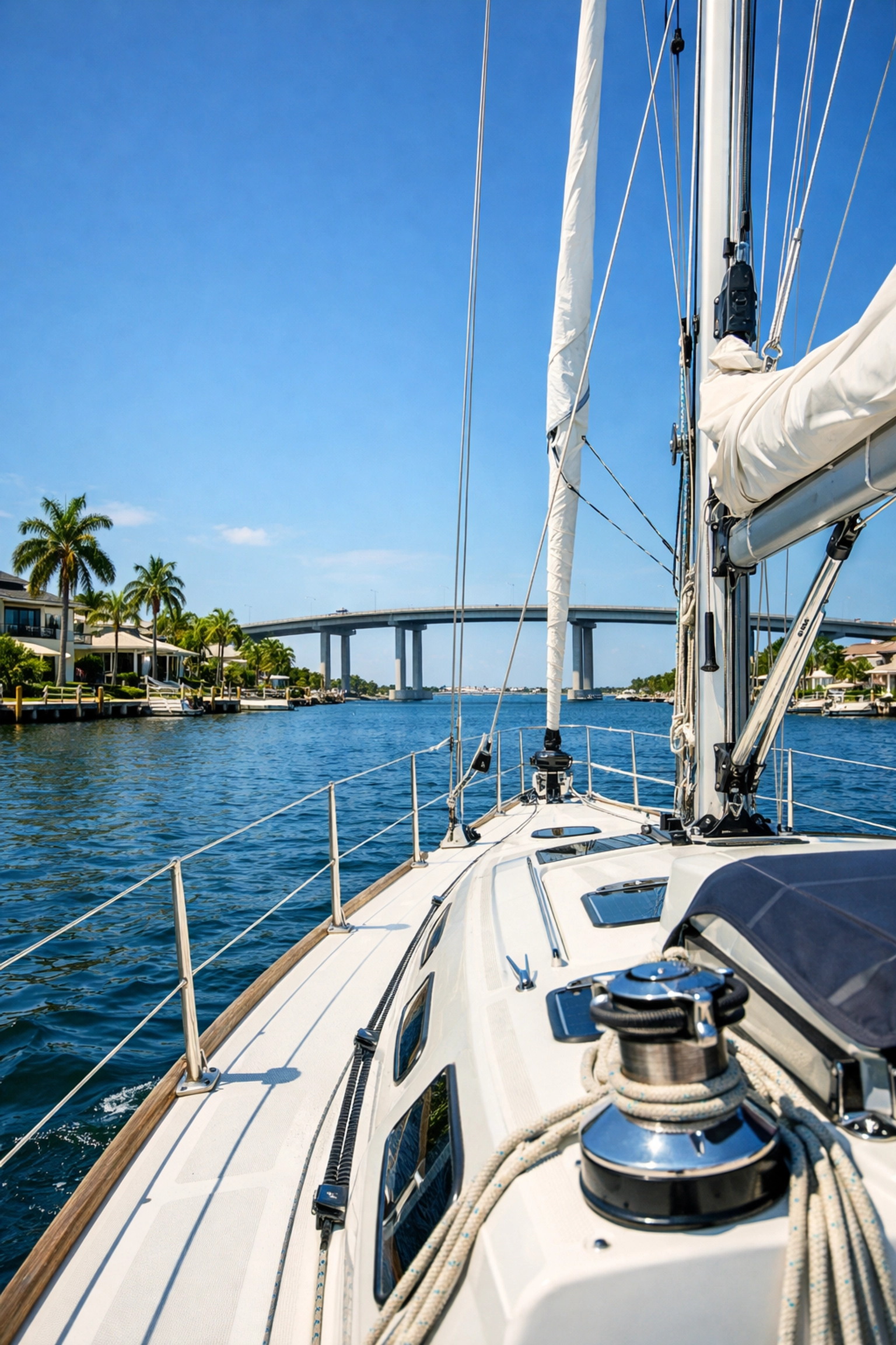 Sailboat navigating a saltwater canal with sailboat access clearance in Cape Coral, Florida.