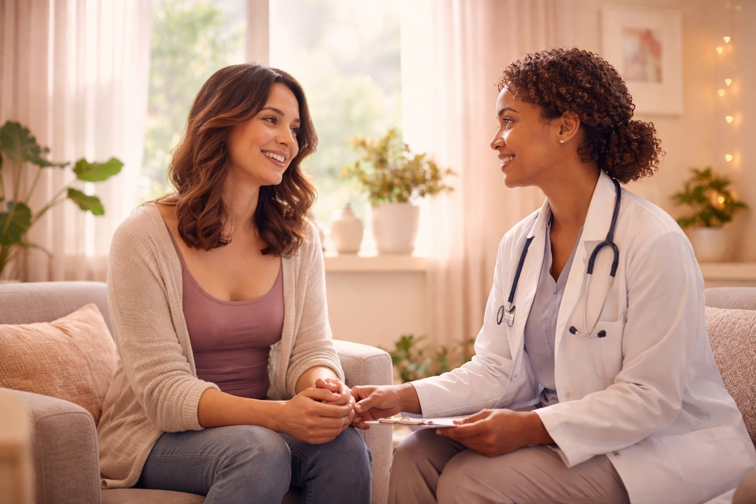 Inclusive medical consultation room with a transgender patient and supportive doctor, representing gender affirming healthcare near me.