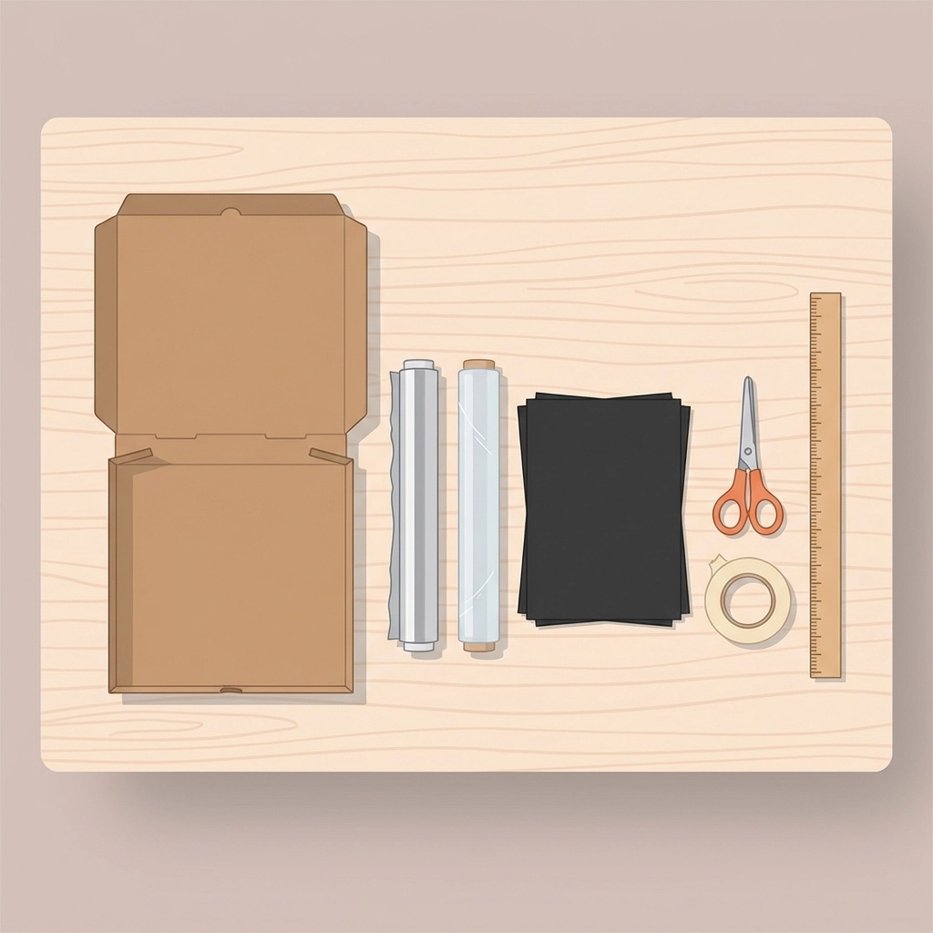 DIY solar oven supplies including pizza box, foil, plastic wrap, and black paper laid out on a table for assembly