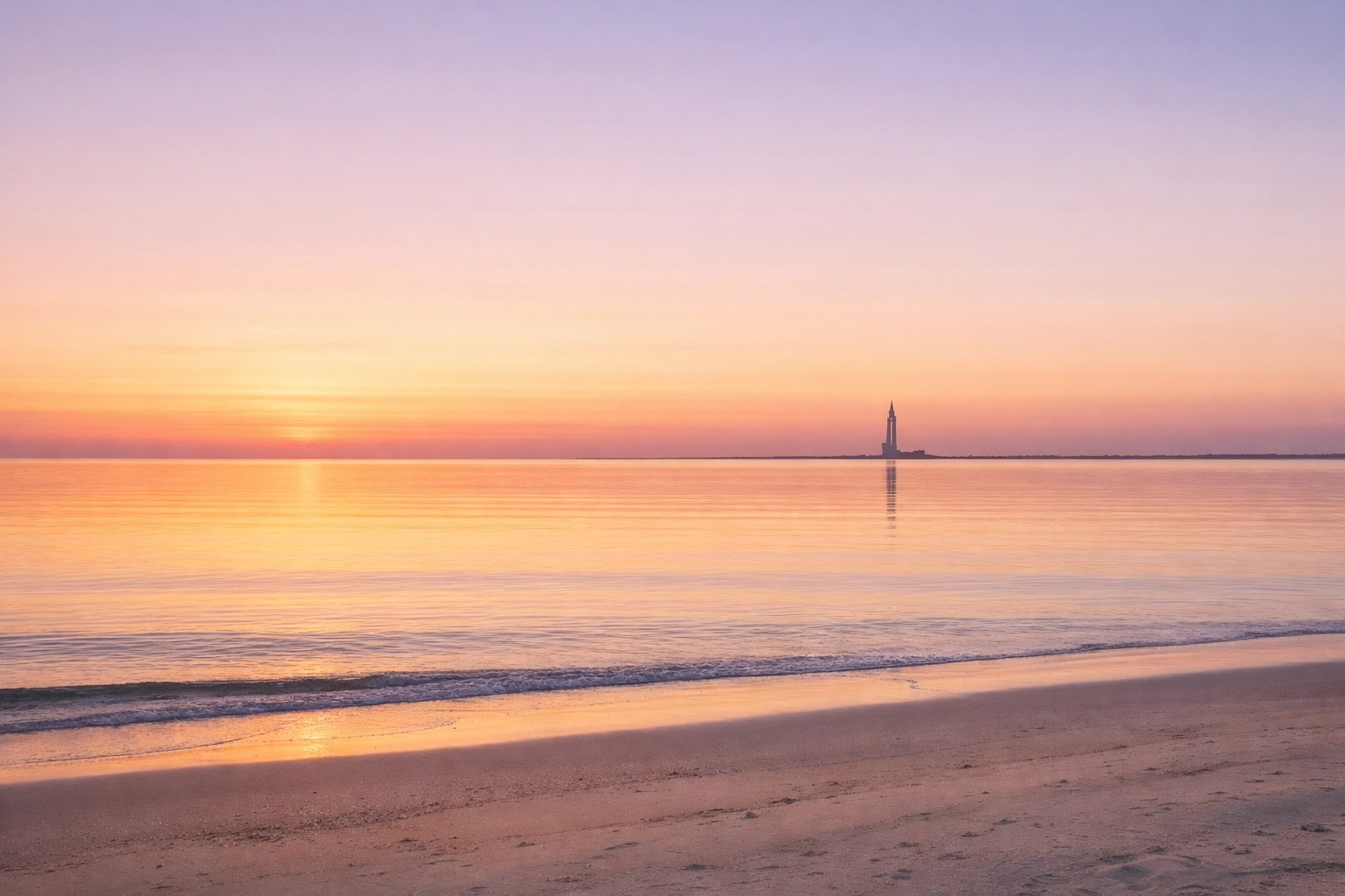 Peaceful sunset beach with a distant rocket launch tower silhouette reflecting a quiet Sabbath rest.