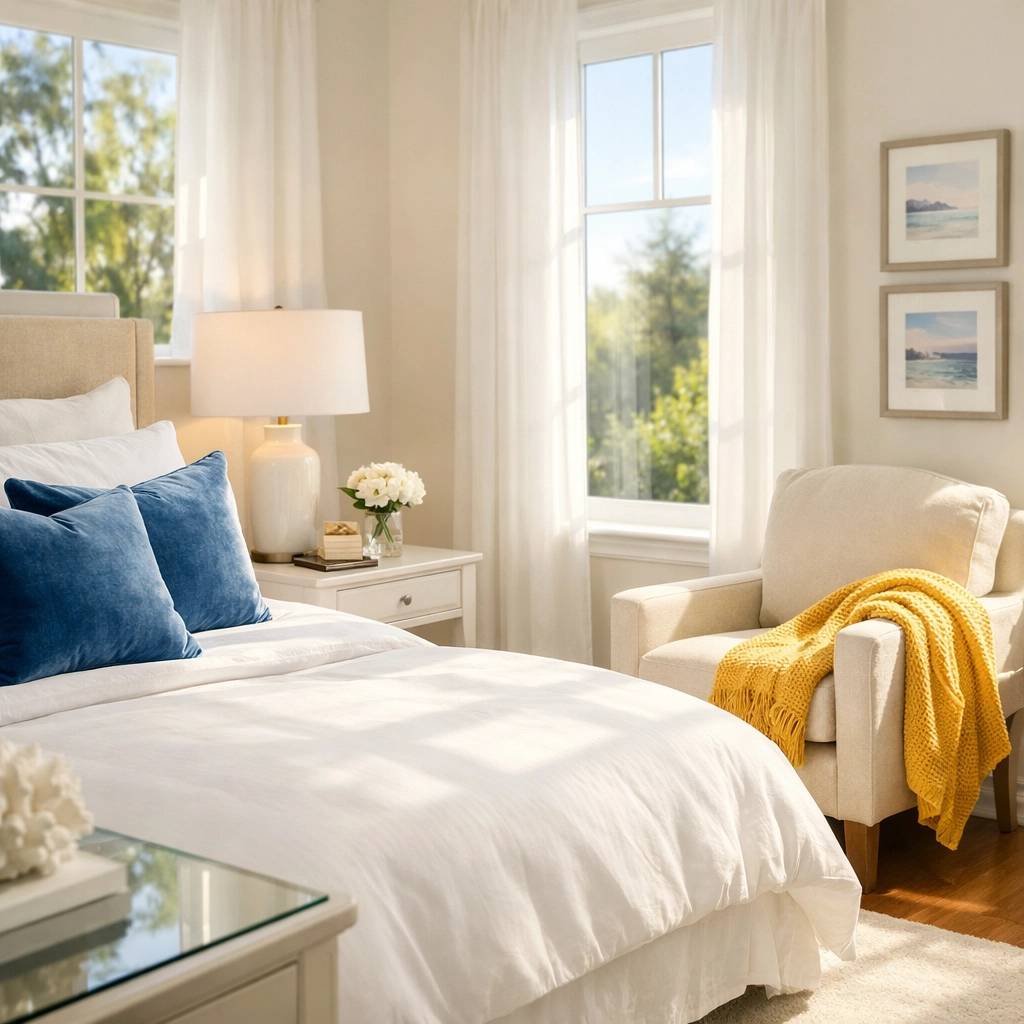 A bright, spotless master bedroom in Lancaster, MA after a compassionate house cleaning service.