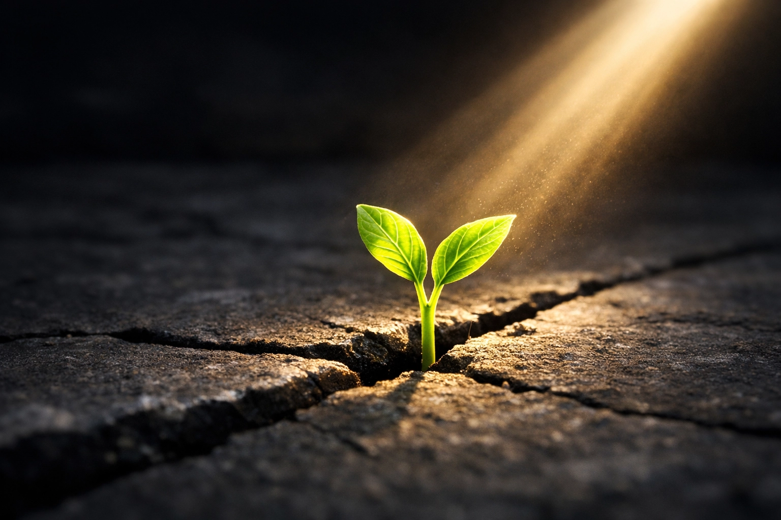 A green sprout growing through a stone crevice symbolizing hope and new life in a redeemed relationship.
