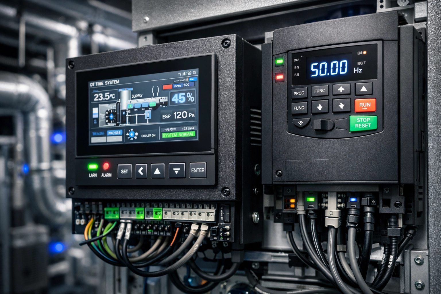 HVAC control panel with digital controls protecting data center cooling systems from power quality issues
