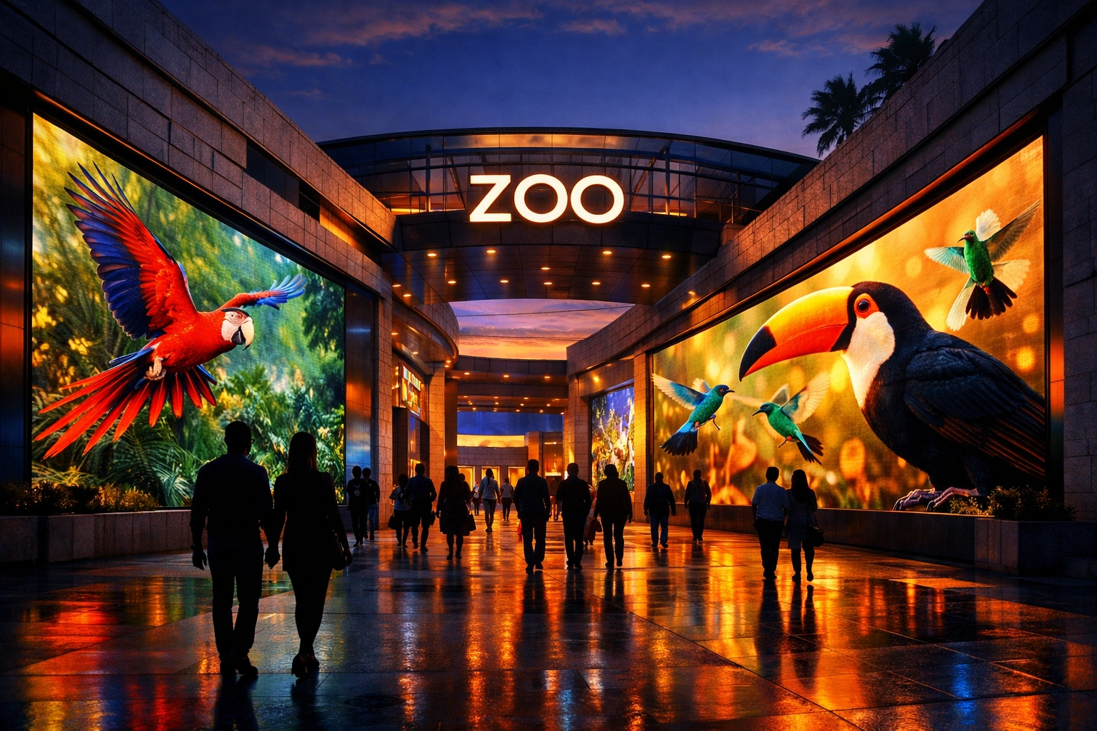 Modern zoo entrance featuring large LED displays from the Zoo Media Television Network for innovative advertising.