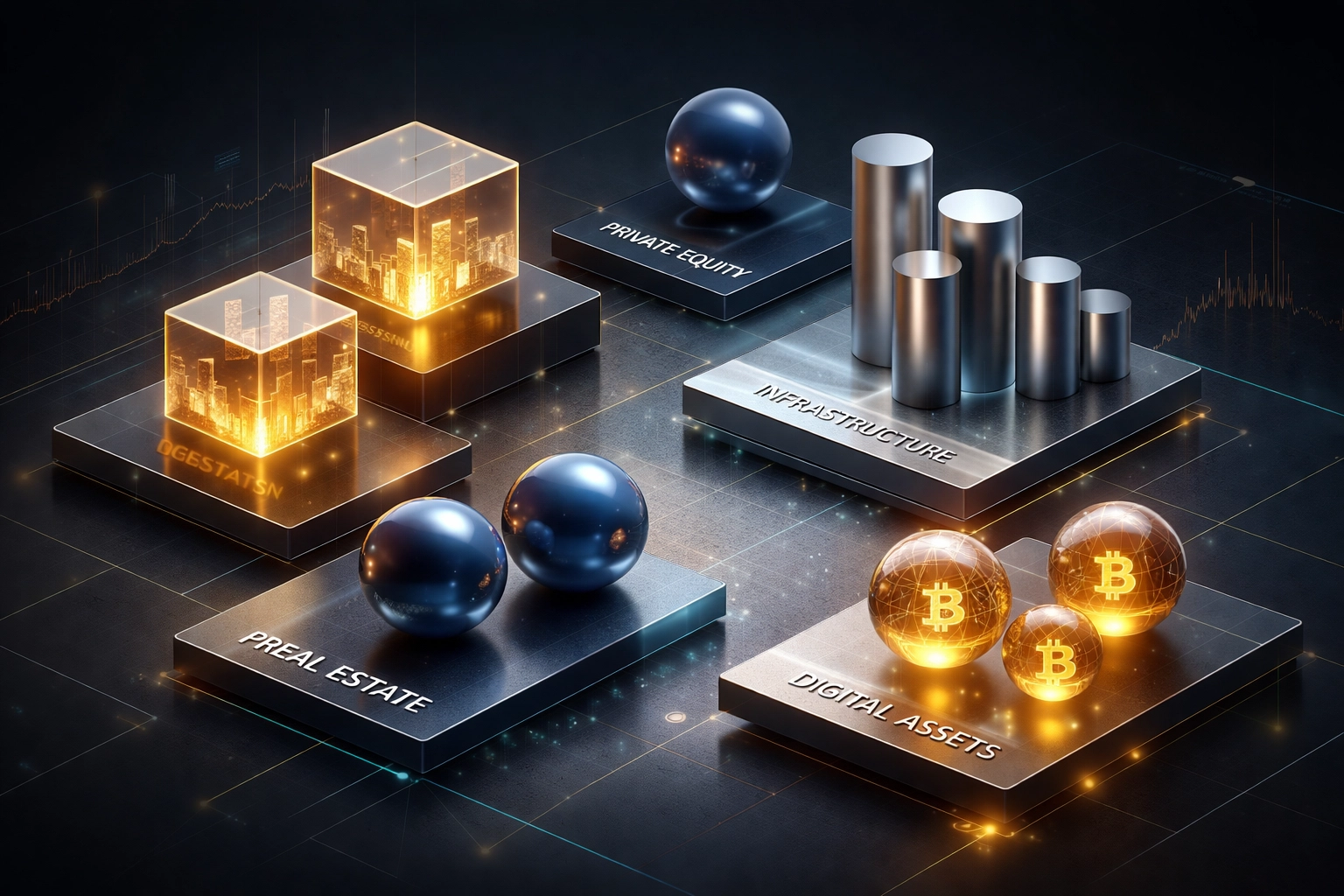 Illustration showing a diversified investment portfolio with real estate, private equity, infrastructure, and digital assets for institutional investors