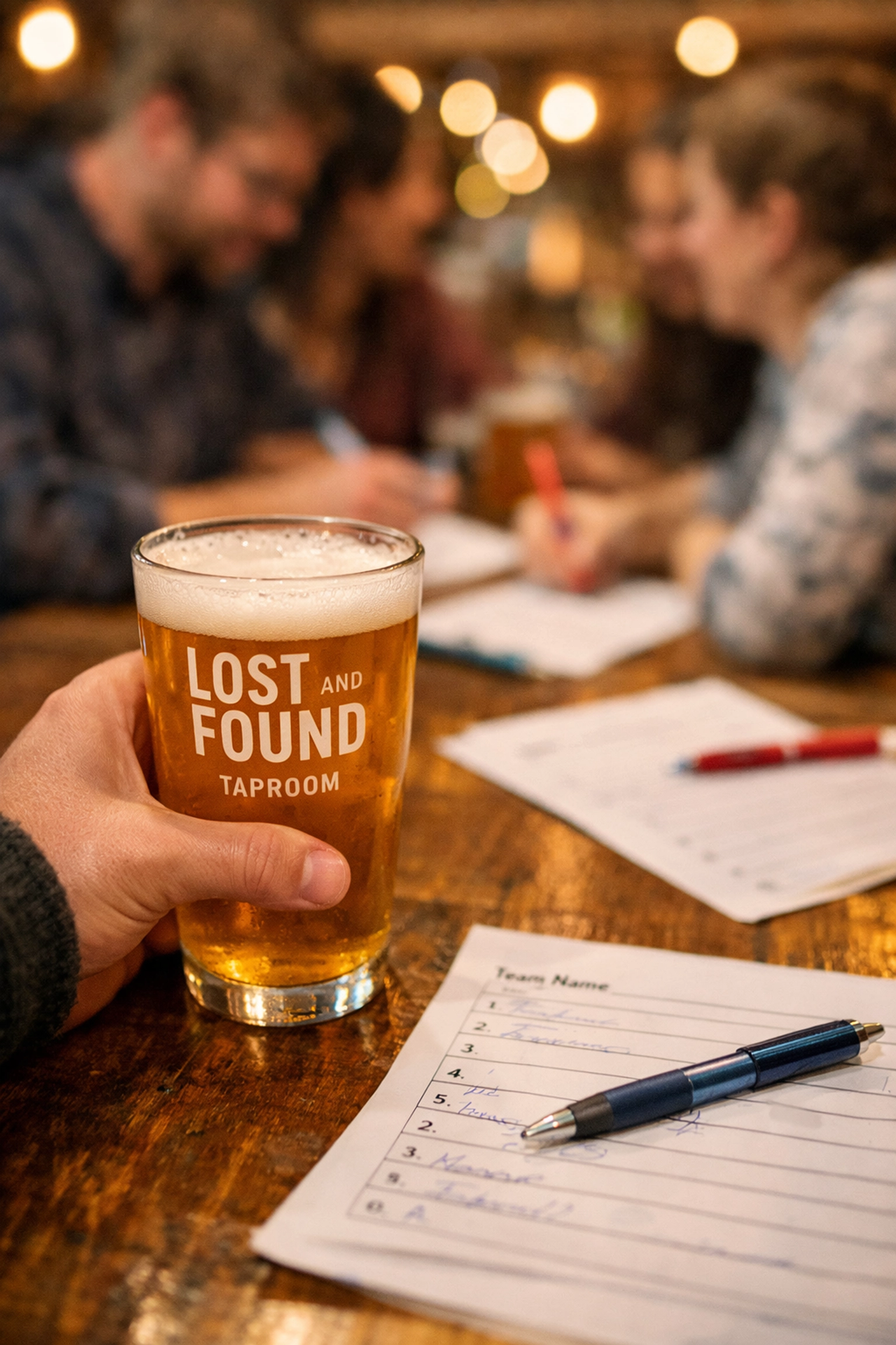 Craft beer and quiz answer sheets at Lost and Found Brighton taproom