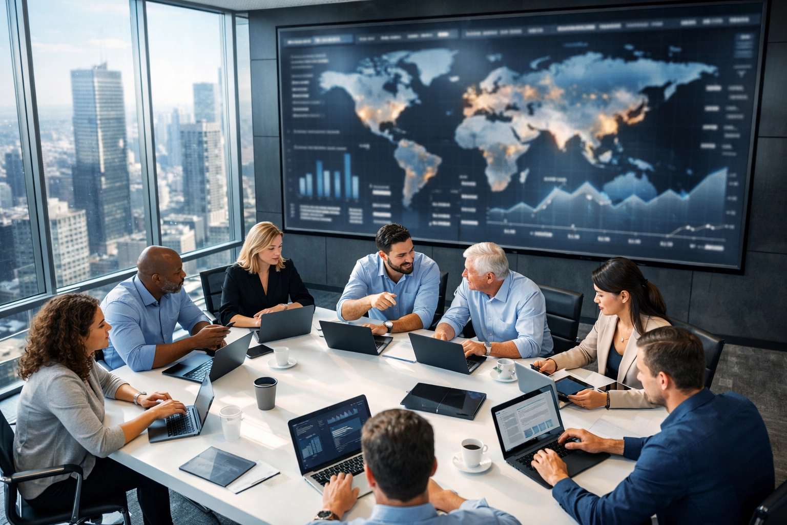 Dakdan Worldwide strategists collaborating on digital media innovation and execution in a modern high-tech boardroom.