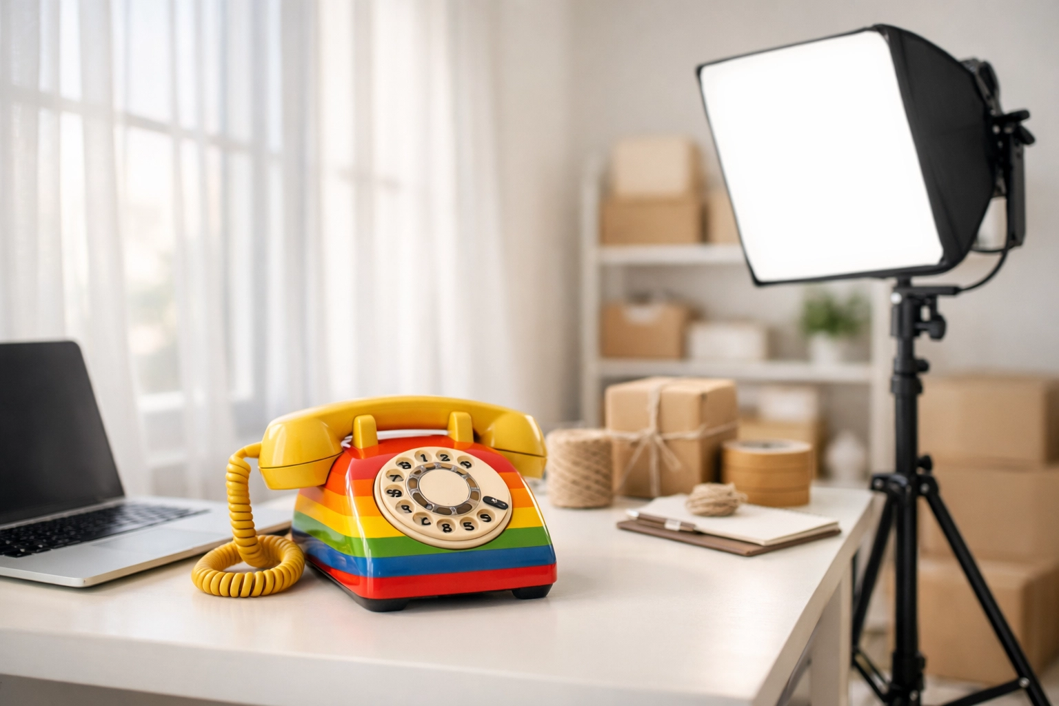 Professional reseller workspace using natural window light and an LED softbox for bright eBay photos.