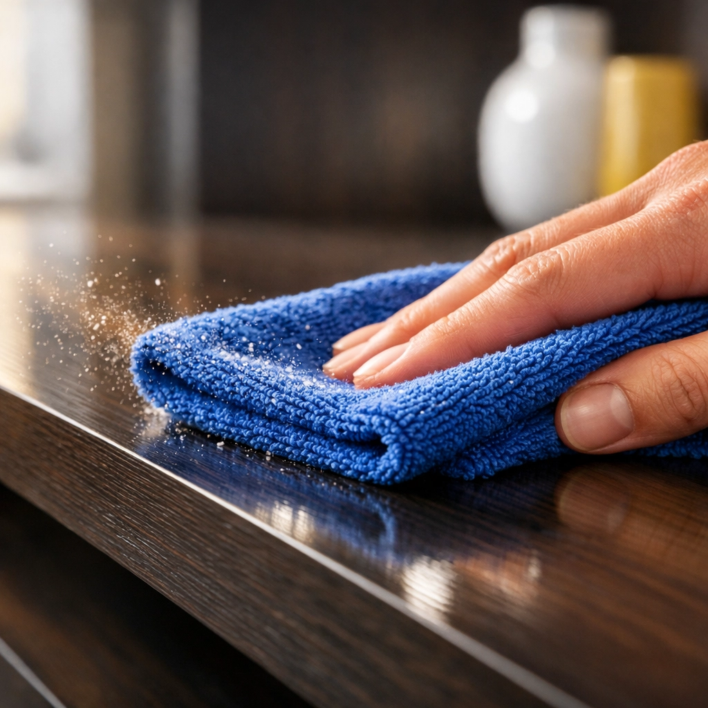 Professional dusting with a microfiber cloth to improve air quality during an apartment cleaning Boston visit.