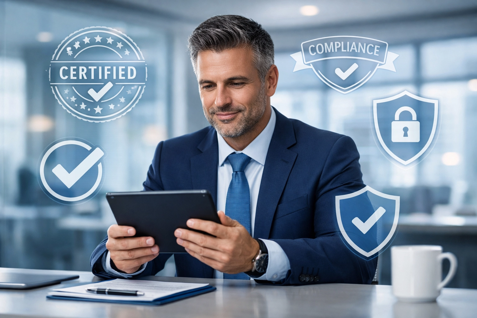 Business owner reviewing crypto payment compliance certifications and security documentation on tablet