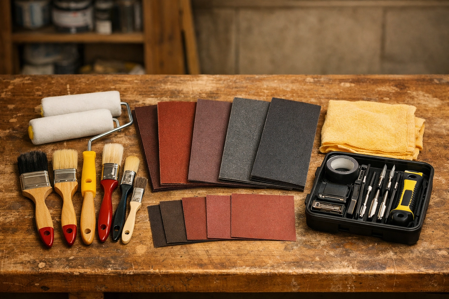 Professional paint brushes and sandpaper from a toolkit for starting a furniture flipping side hustle.