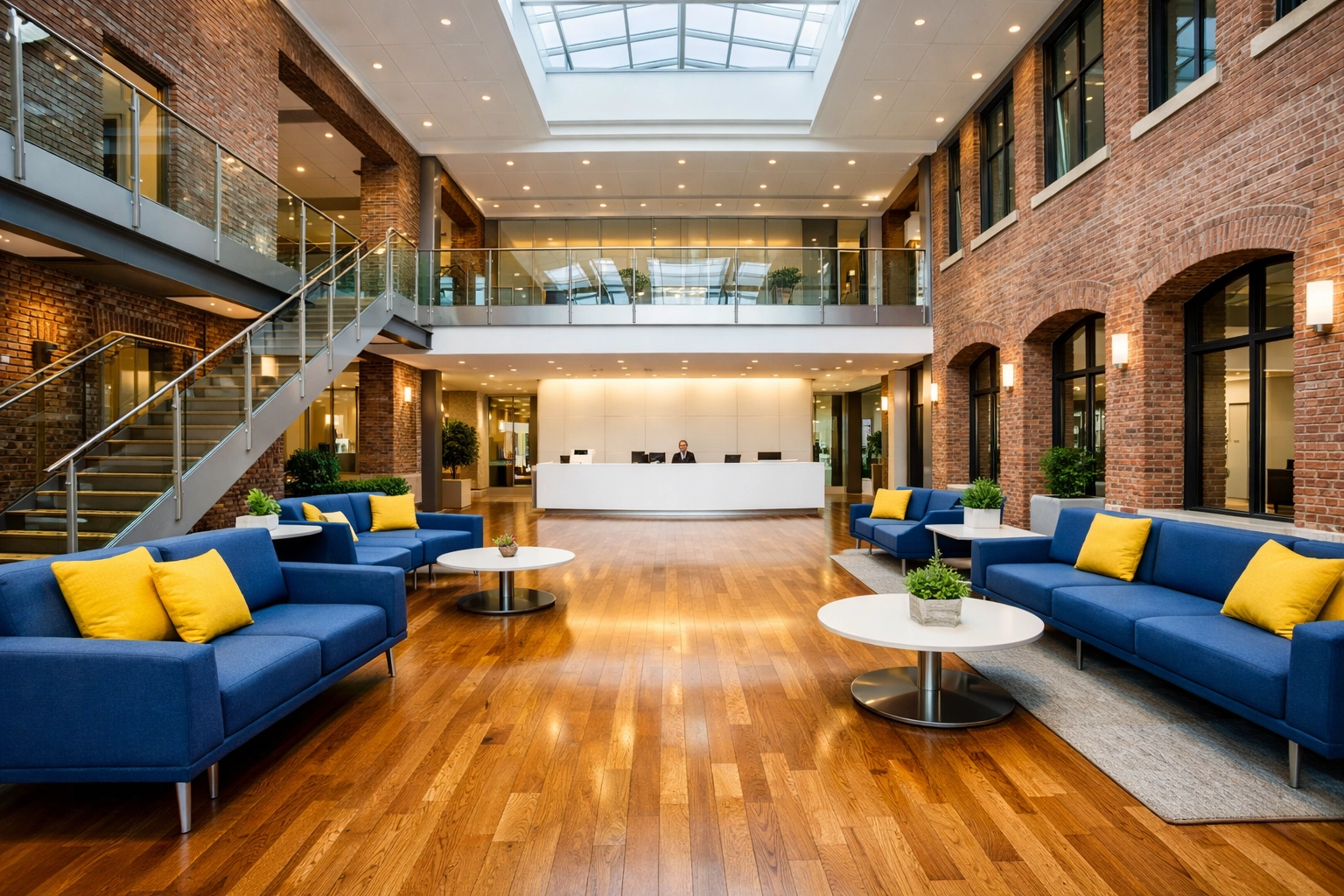Expansive, professionally cleaned office lobby in Kendall Square featuring spotless hardwood floors.