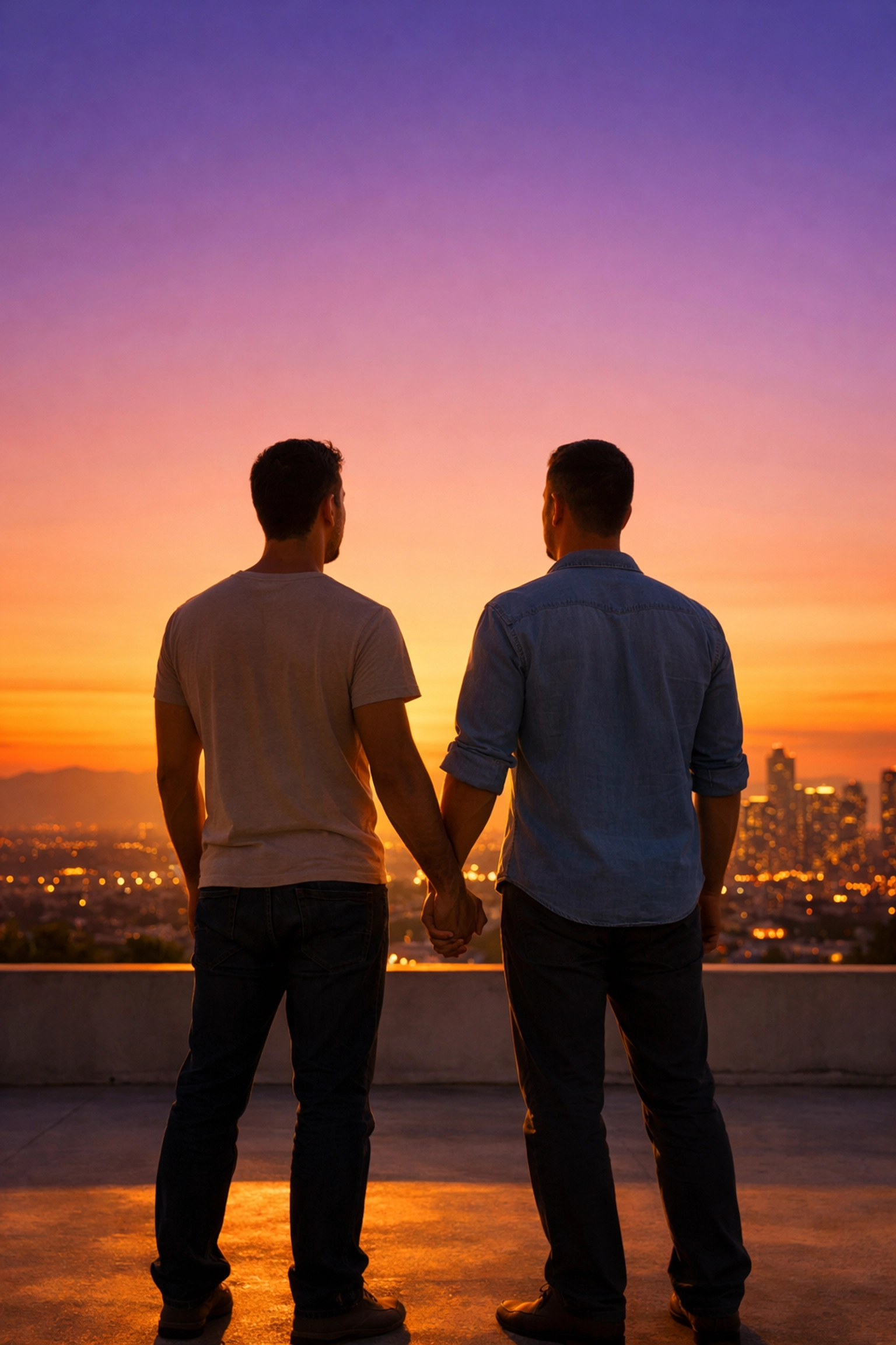 Gay couple holding hands on a rooftop at sunset, exploring queer spirituality and personal meaning beyond tradition.