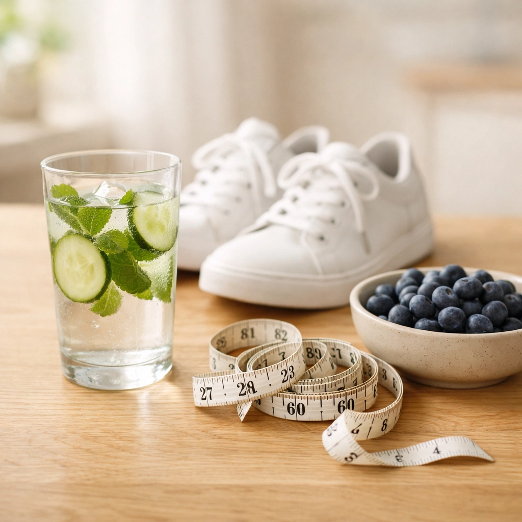 Measuring tape and healthy lifestyle items