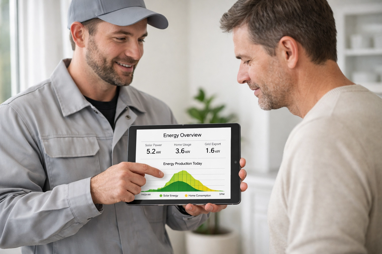 Professional solar technician showing energy savings data on a tablet to a Dorset homeowner.