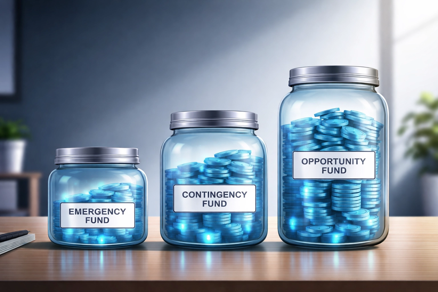 Three jars representing Emergency, Contingency, and Opportunity funds